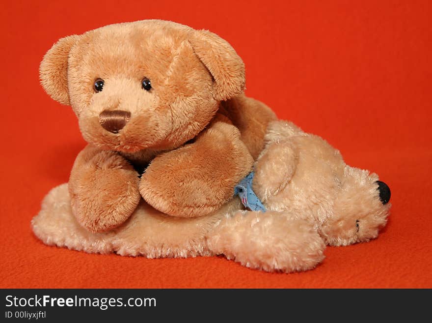 Teddy bears against dark orange background. Teddy bears against dark orange background