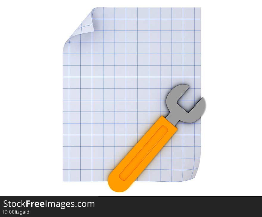 3d illustration of wrench on paper isolated. 3d illustration of wrench on paper isolated