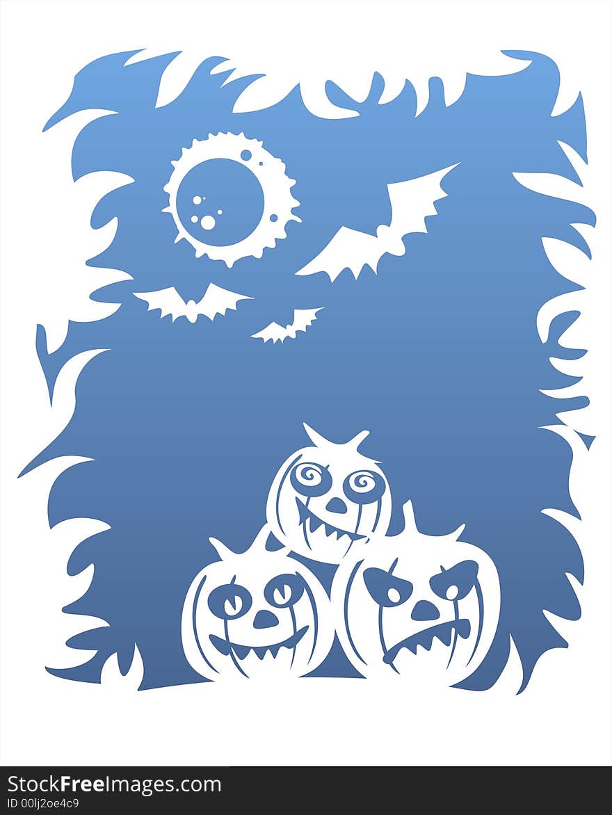 White silhouettes of three pumpkins, bats and the moon on a dark blue background. White silhouettes of three pumpkins, bats and the moon on a dark blue background.