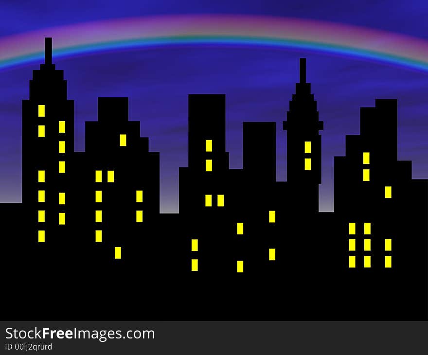 Abstract city silhouette against rainbow background