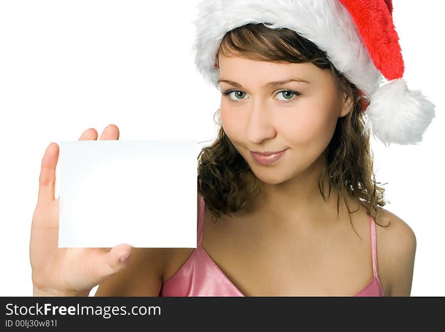 Young beauty woman in red hat with white blank on white background