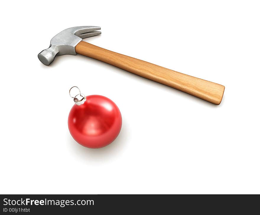 Hammer and New-Year tree decorations isolated. Hammer and New-Year tree decorations isolated