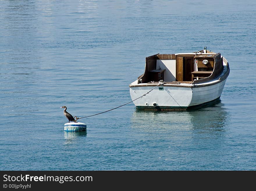 Small white boat with bird on buoy. Small white boat with bird on buoy