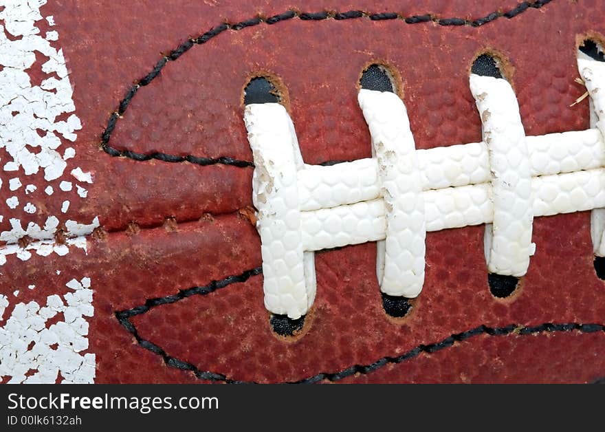 A closeup of a football showing laces, brown leather and a white stripe