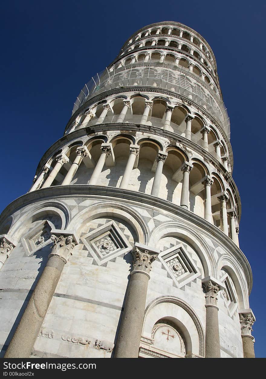 A wide angle view of the leaning tower of Pisa. A wide angle view of the leaning tower of Pisa