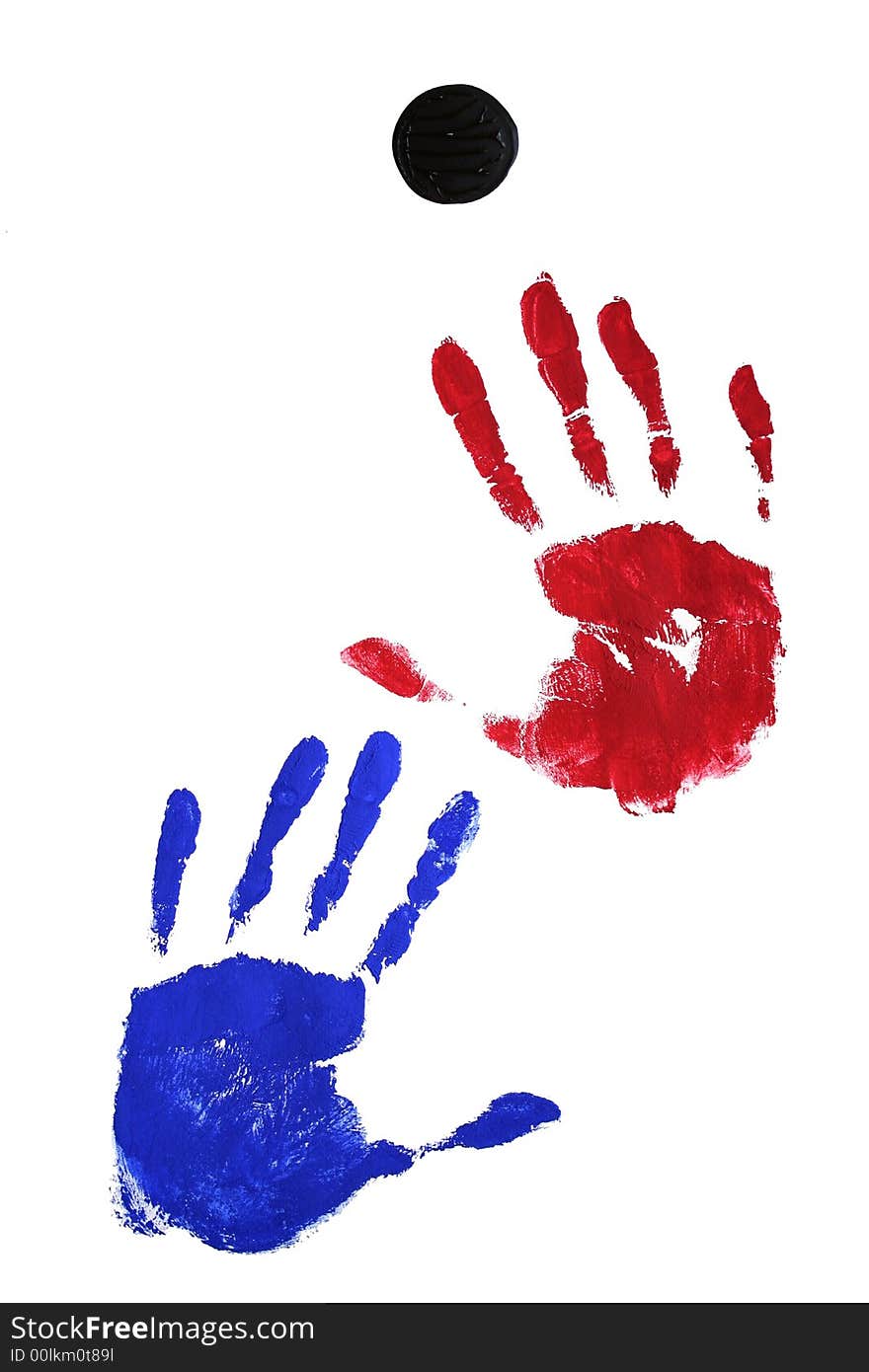 Marks of two hands (paint: red and blue) trying to reach a black point at the top of the image. Marks of two hands (paint: red and blue) trying to reach a black point at the top of the image.