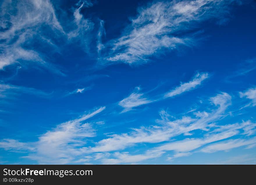 The sky and white fleecy clouds.