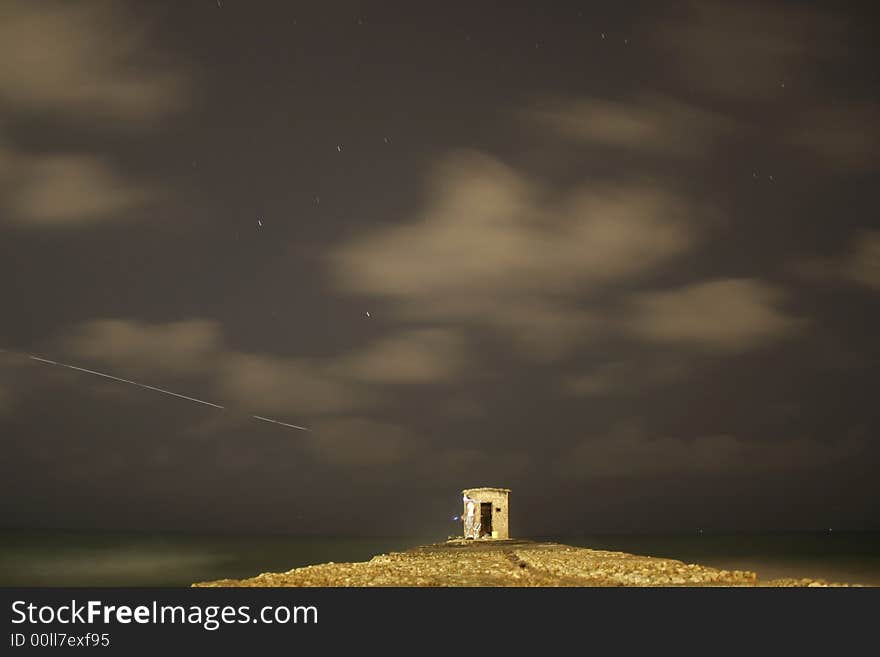 Fishmen cabin on jetty, by night,tel aviv, israel