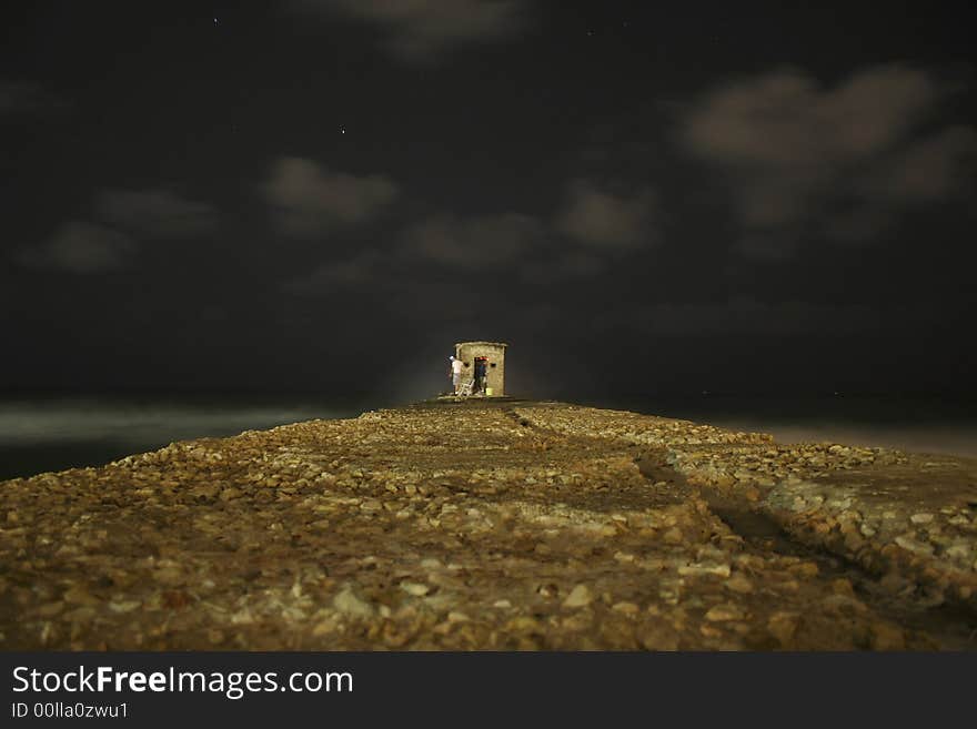 Fishmen cabin on jetty, by night,tel aviv, israel