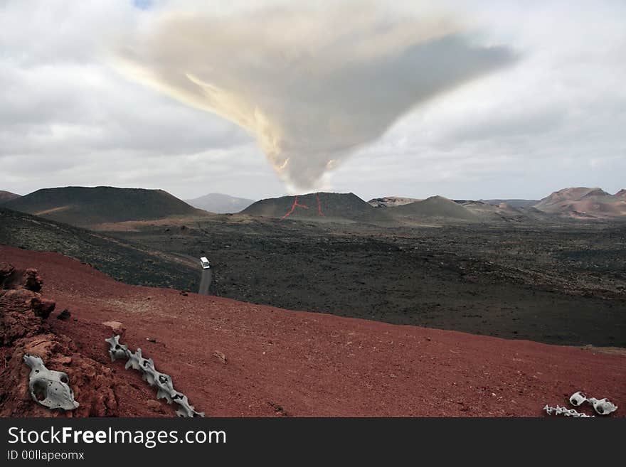 A bus escapes from a volcanic eruption. A bus escapes from a volcanic eruption