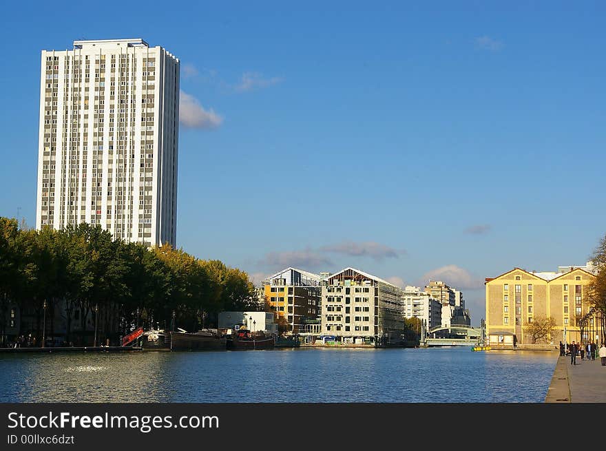 Vision of a french canal in Paris near of Laumiere place at the end of afternoon