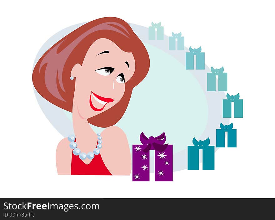 Vector image of young woman looking on presents