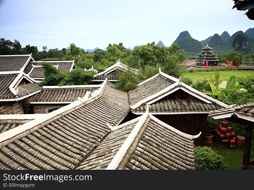 Tree rurality gree blue sky frame house  aisle  minority yangshuo guilin china chinese. Tree rurality gree blue sky frame house  aisle  minority yangshuo guilin china chinese