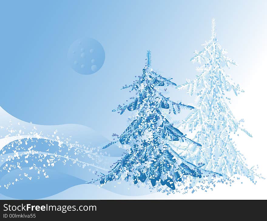 Blue illustration of winter morning and two fur-trees. Blue illustration of winter morning and two fur-trees