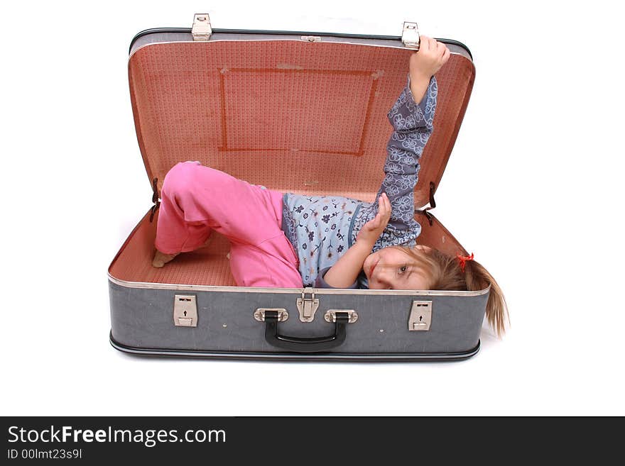 Grey old bag on the white background with girl  inside. Grey old bag on the white background with girl  inside