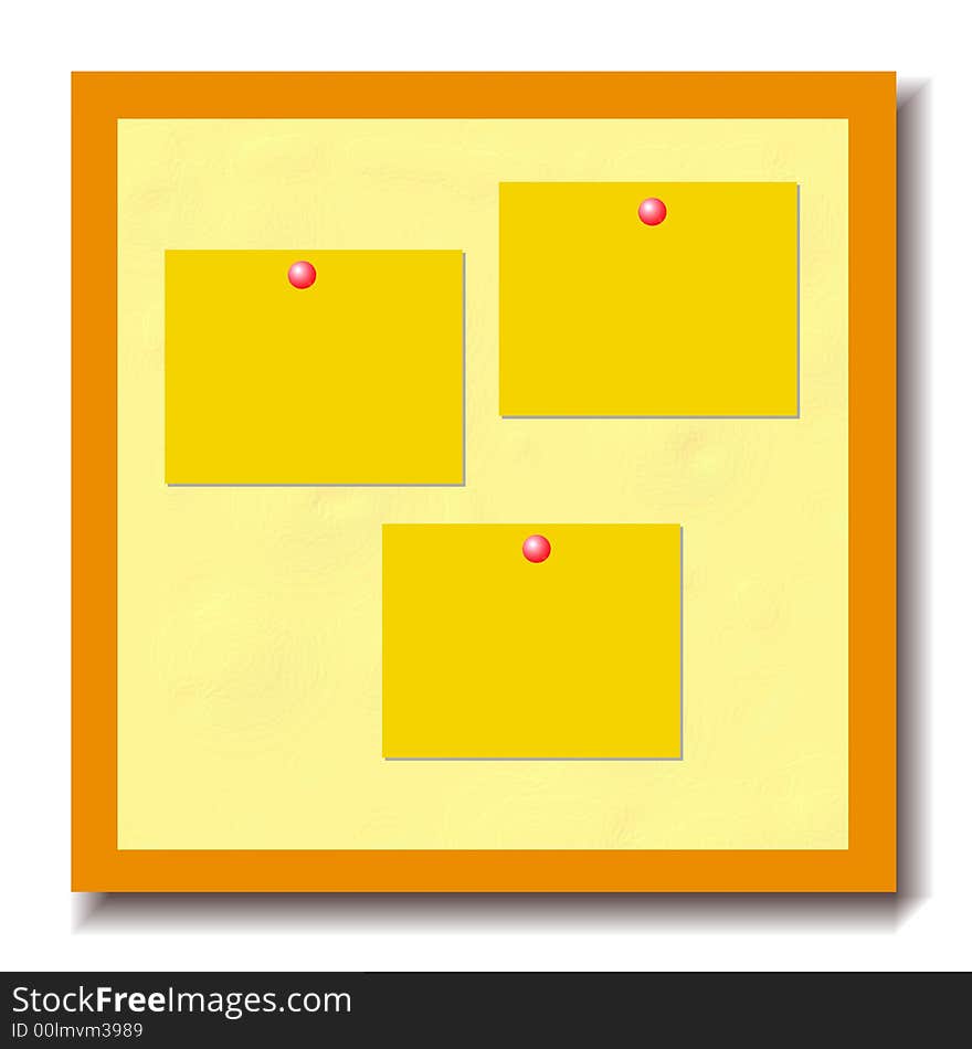 A notice board with three yellow note-let or postit note pinned to the notice board with a red pin which has a lens flare effect on it. A notice board with three yellow note-let or postit note pinned to the notice board with a red pin which has a lens flare effect on it.