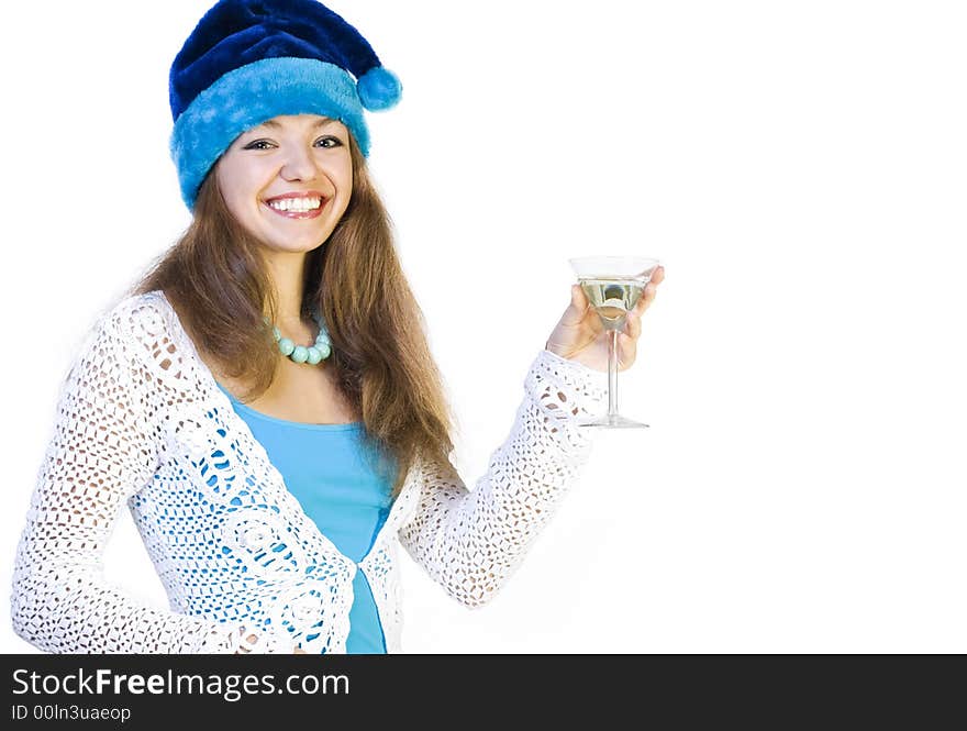 Young beautiful girl with glass smiling over white backgound. Young beautiful girl with glass smiling over white backgound