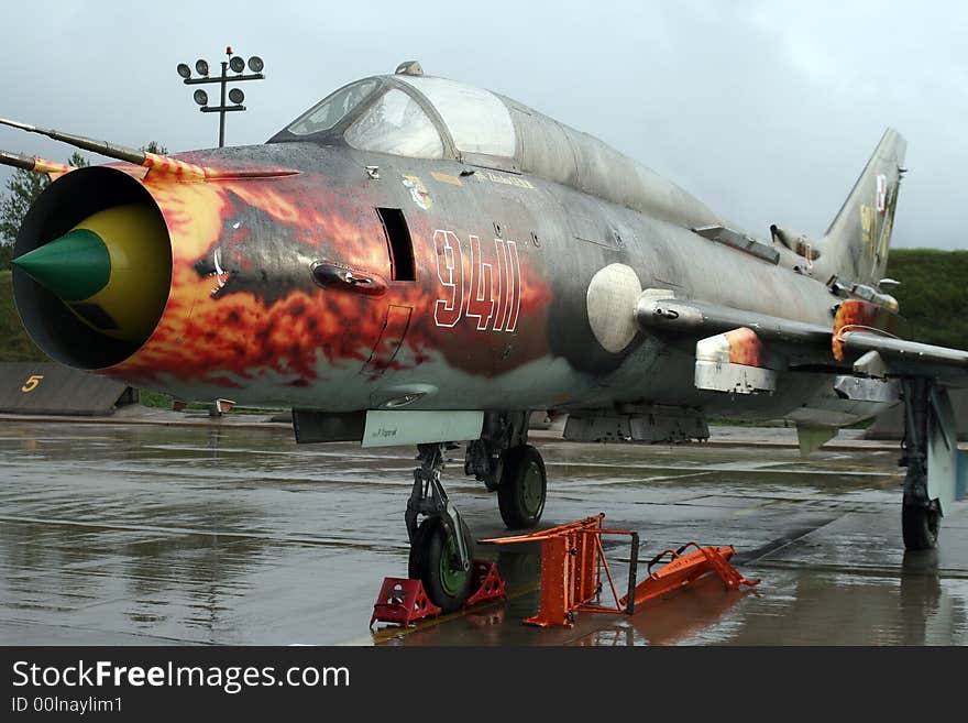 SU - 22, Soviet jet fighter at airport