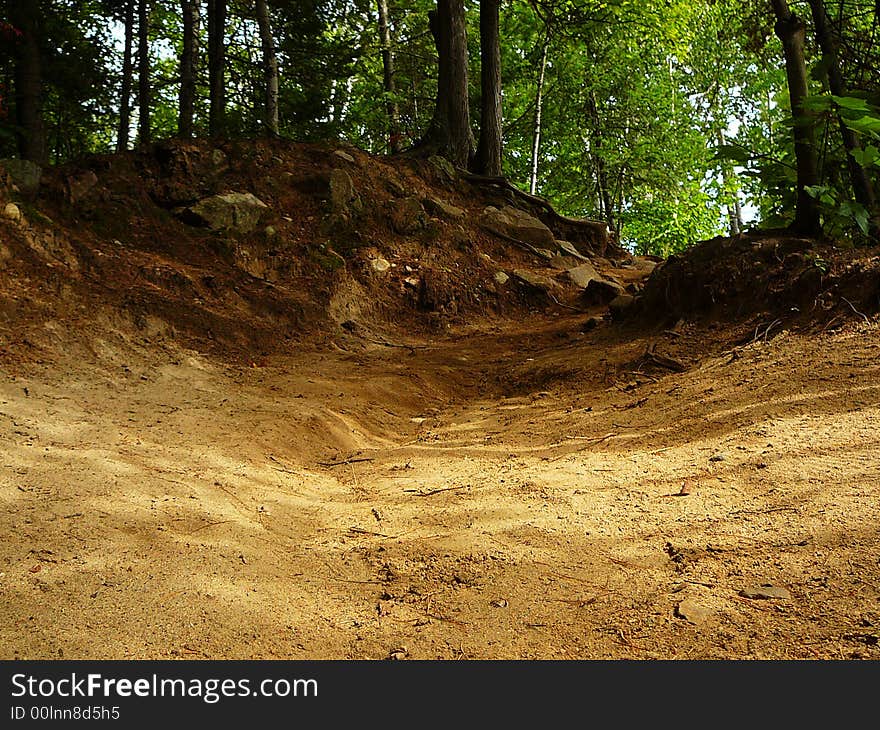 Empty forest cliff path with sand and empty copyspace.