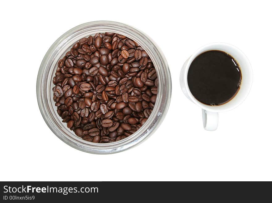 Coffee beans in a jar and a full cup of coffee, isolated on white with clipping paths. Coffee beans in a jar and a full cup of coffee, isolated on white with clipping paths