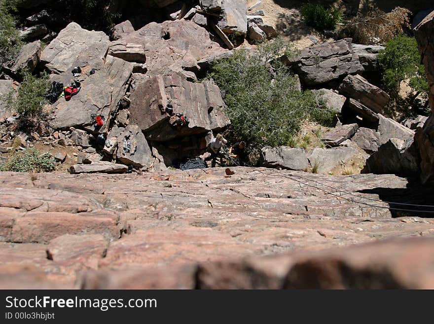 A unique angle on a pair of climbers.  Shot from the top of an 80 foot pitch at the Promised Lands. A unique angle on a pair of climbers.  Shot from the top of an 80 foot pitch at the Promised Lands.