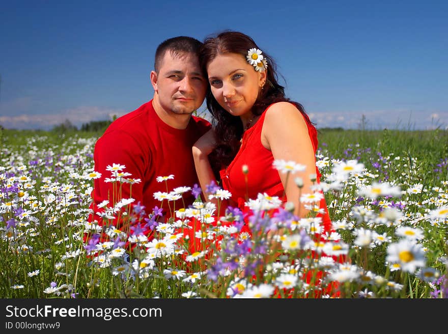 Young happy couple at the sunny day in a field with camomiles and handbells