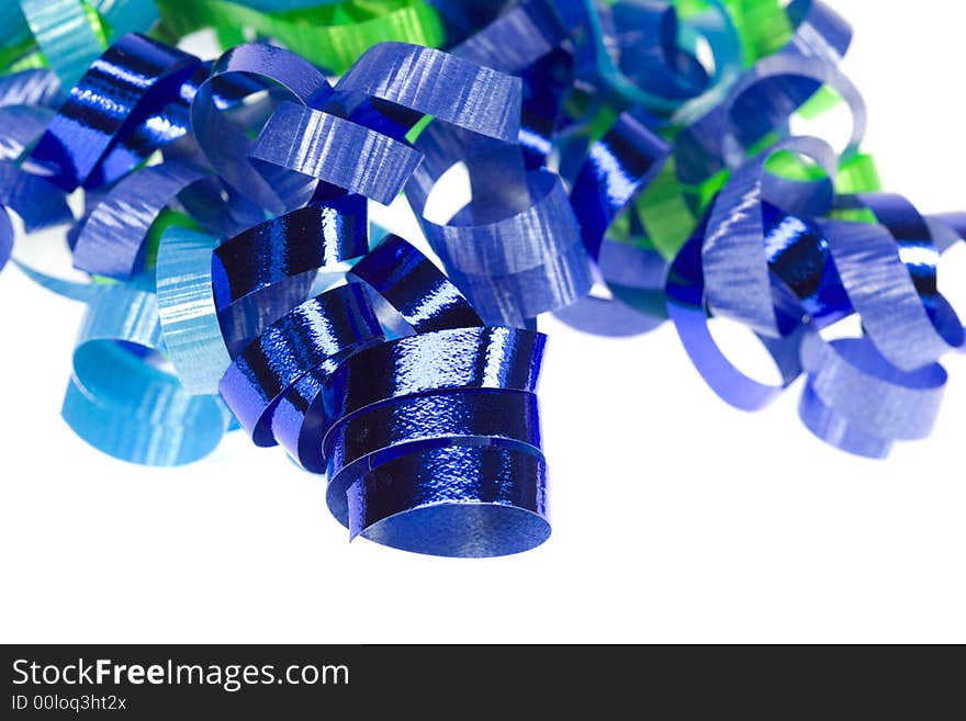 Curly blue ribbon isolated on white close-up