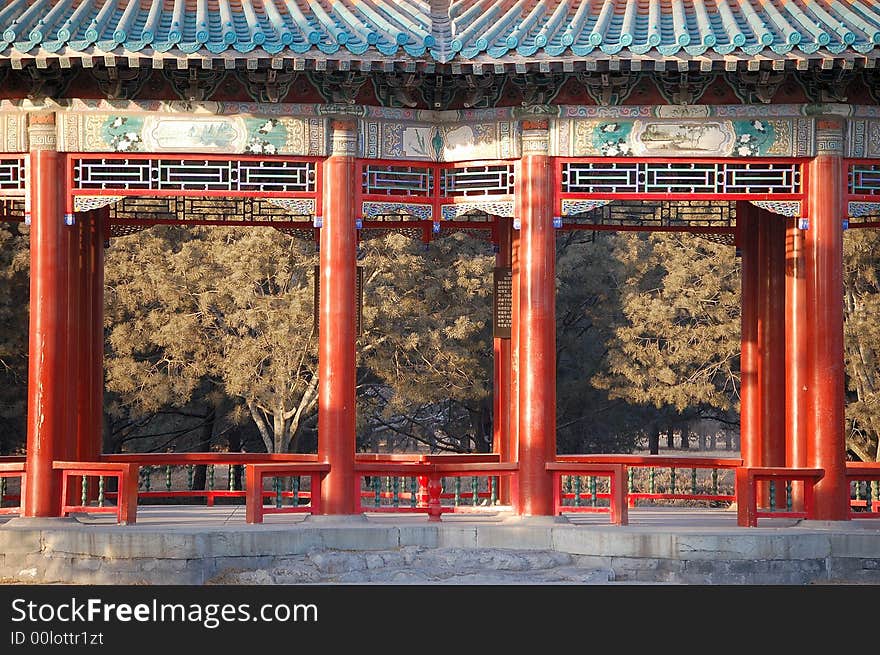 Close up of double-circle pavilion in the temple of heaven park, Beijing China. The pavilion was originally built in 1741 by Emperor Qian Long to celebrate his Mother's 50th birthday