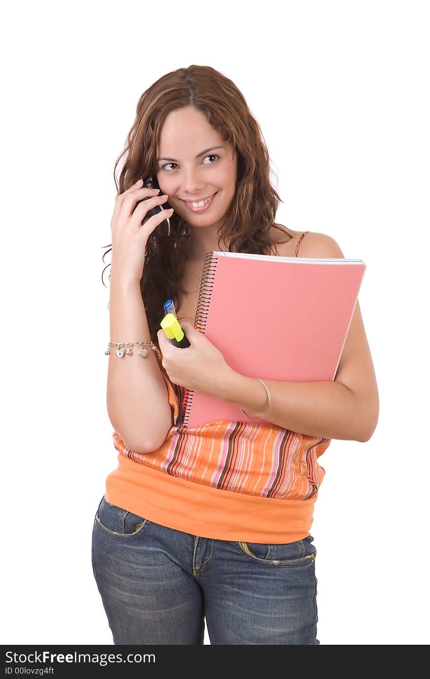 Beautiful young female student talking on the phone - over a white background