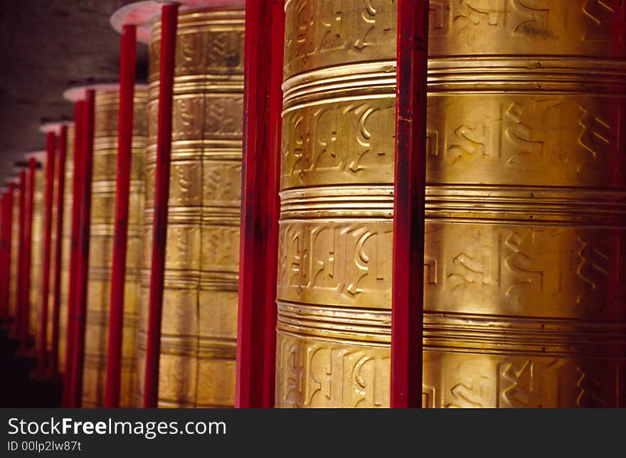 Prayer Wheels in the LangMuSi,Gansu,China.