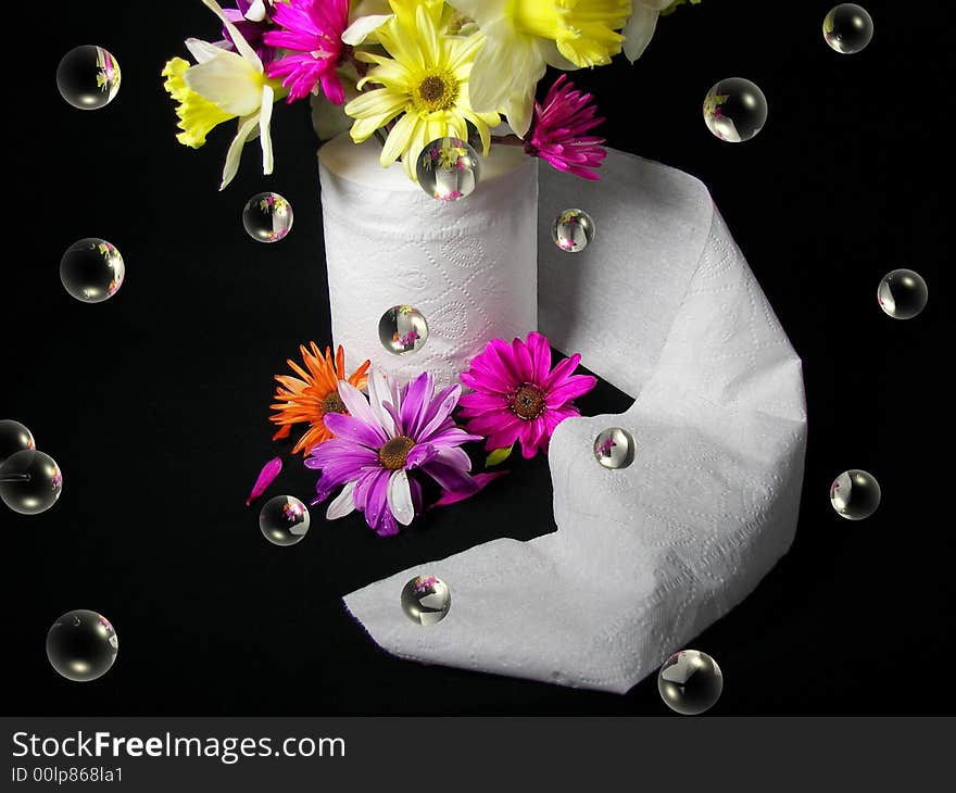 Bouquet of spring flowers in a toilet paper roll with fun bubbles. Bouquet of spring flowers in a toilet paper roll with fun bubbles.