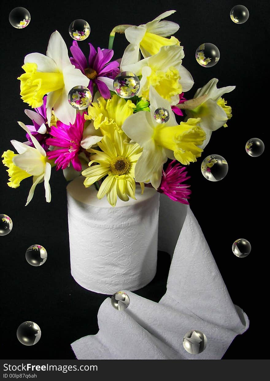 Spring bouquet in toilet paper roll with fun bubbles. Spring bouquet in toilet paper roll with fun bubbles.