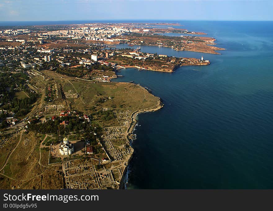 Black sea, Sevastopol and it's numerous bays. In the foreground you may see the ruins of the ancient Greek city Chersones. Black sea, Sevastopol and it's numerous bays. In the foreground you may see the ruins of the ancient Greek city Chersones.