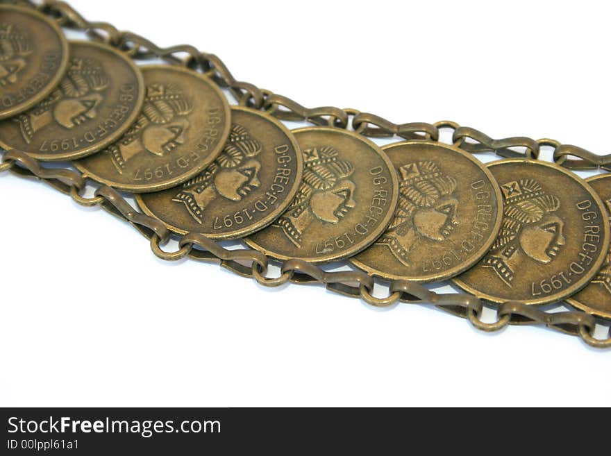 Beautiful coins belt isolated on the white.