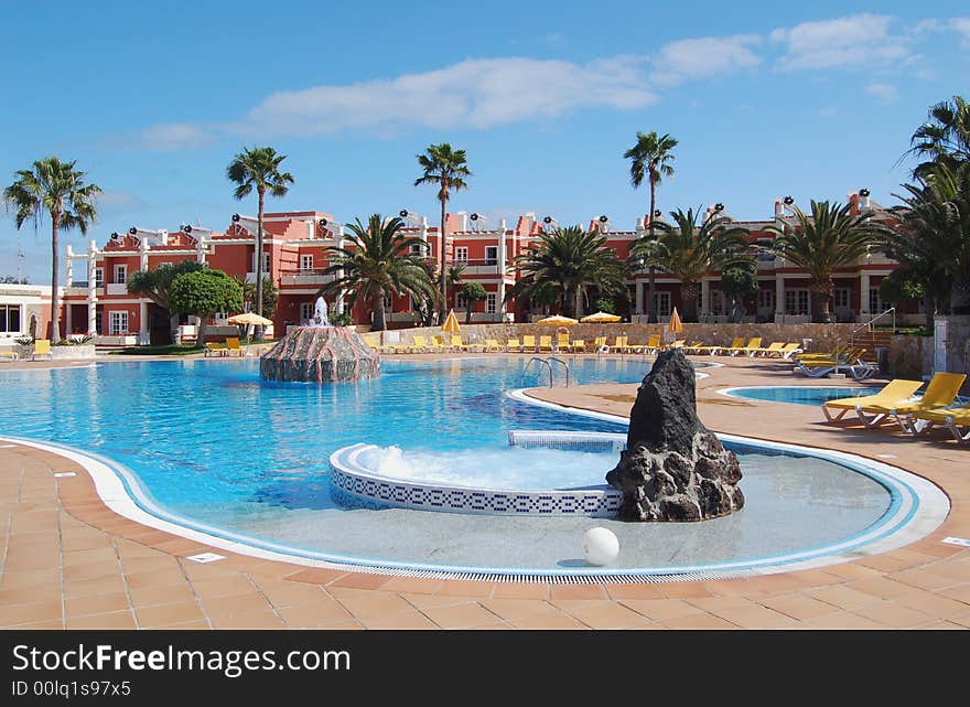 Hotel pool in Corralejo, Fuerteventura, Canary Islands.