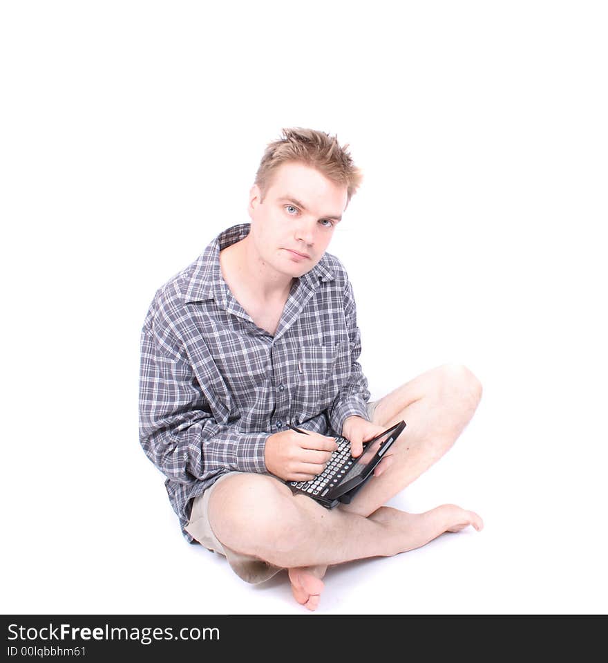 Young man with palmtop on the white background. Young man with palmtop on the white background