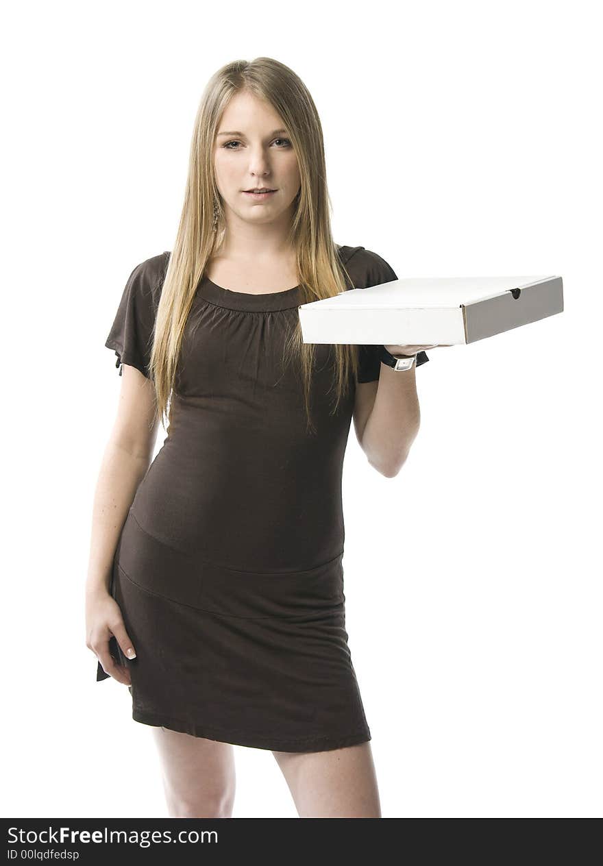 Beautiful young blond woman holding a pizza box. Beautiful young blond woman holding a pizza box.