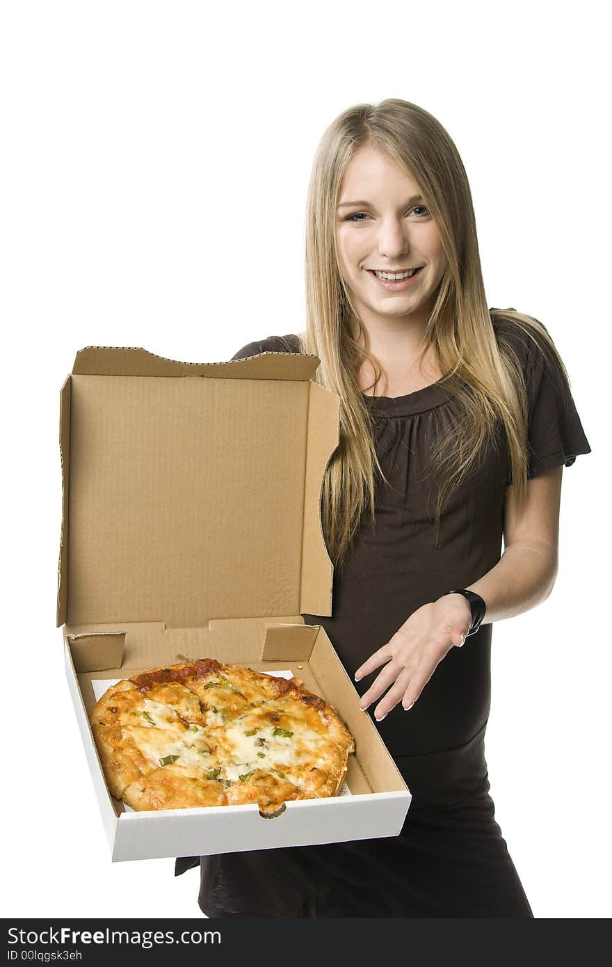 Beautiful young blond woman holding a pizza in a box