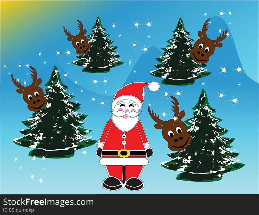 Santa claus with christmas trees and mooses