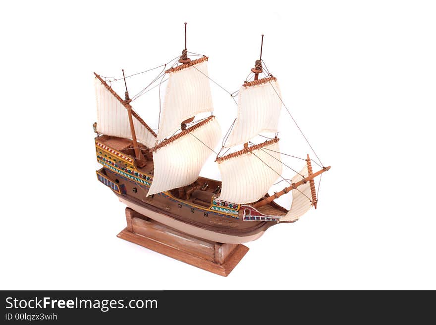 Model of old ship on the white background