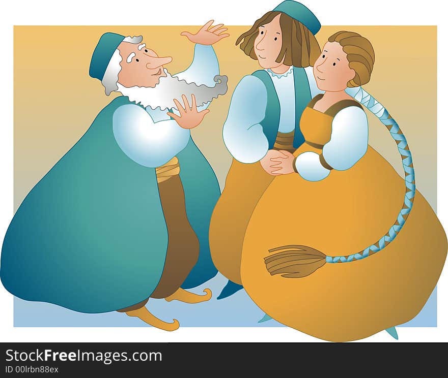 A boy and a girl who hold hands with an old man who is talking to them. All wear medieval dress. A boy and a girl who hold hands with an old man who is talking to them. All wear medieval dress