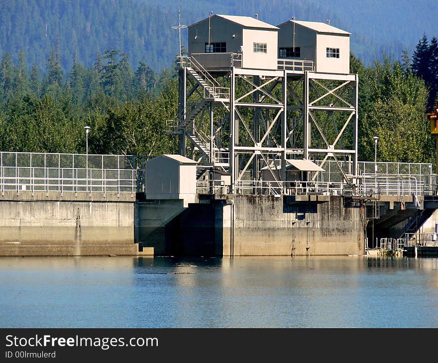 A shot of the control towers to a dam. A shot of the control towers to a dam.