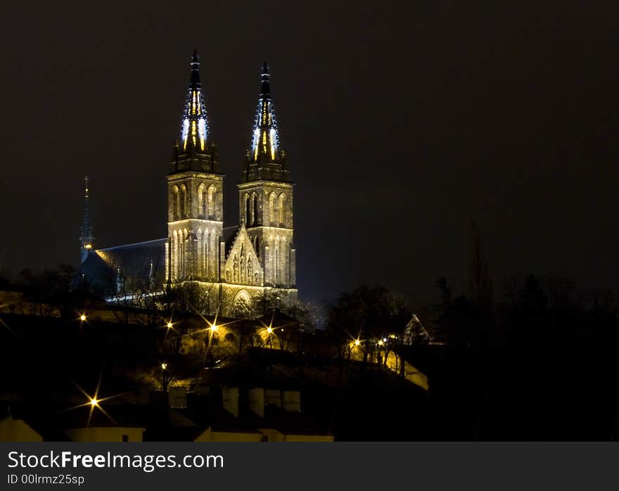 Old Prague basilica at night. Old Prague basilica at night