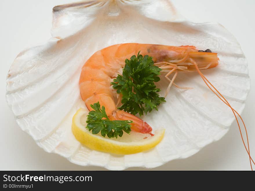 Decorated shrimp on a seashell