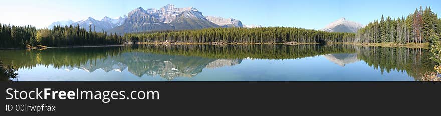 Reflexion of rockies mountains in the lake stitch