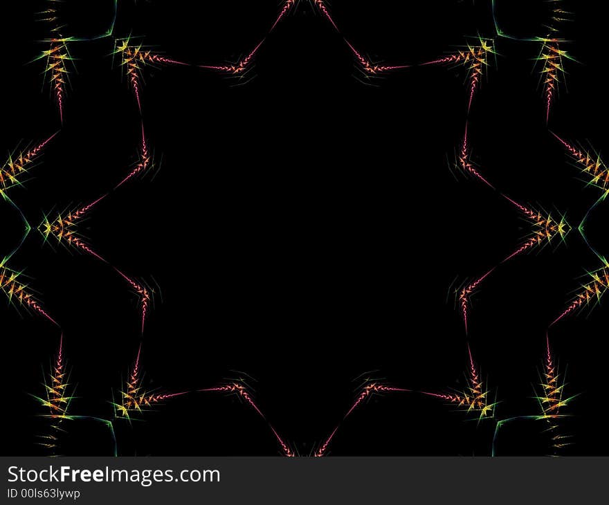 Multicolored background with black copy space in center.  Thin pink green and orange decorative lines surround white copy center