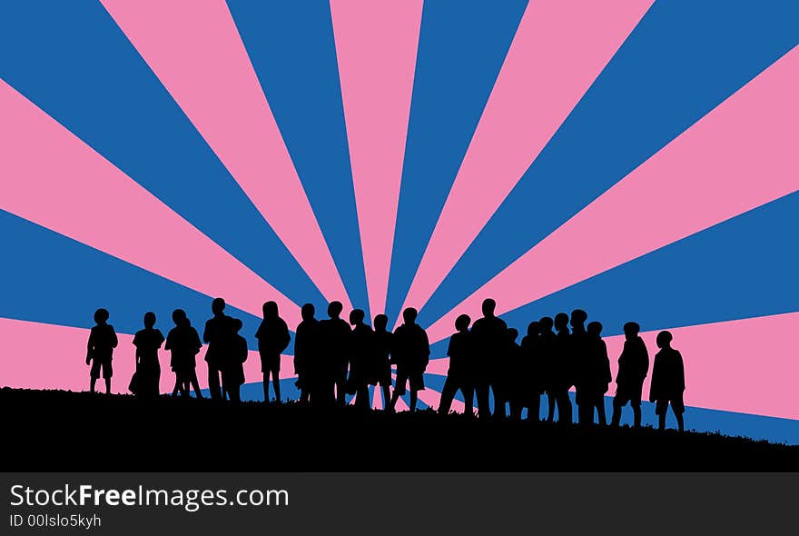 Silhouettes of young children with retro background