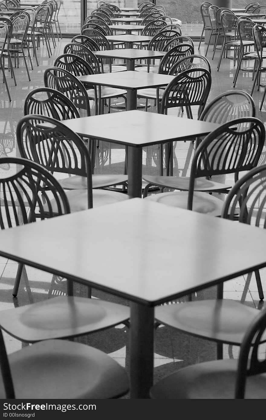 Interior design of food court in a shopping mall. Black and white. Interior design of food court in a shopping mall. Black and white.