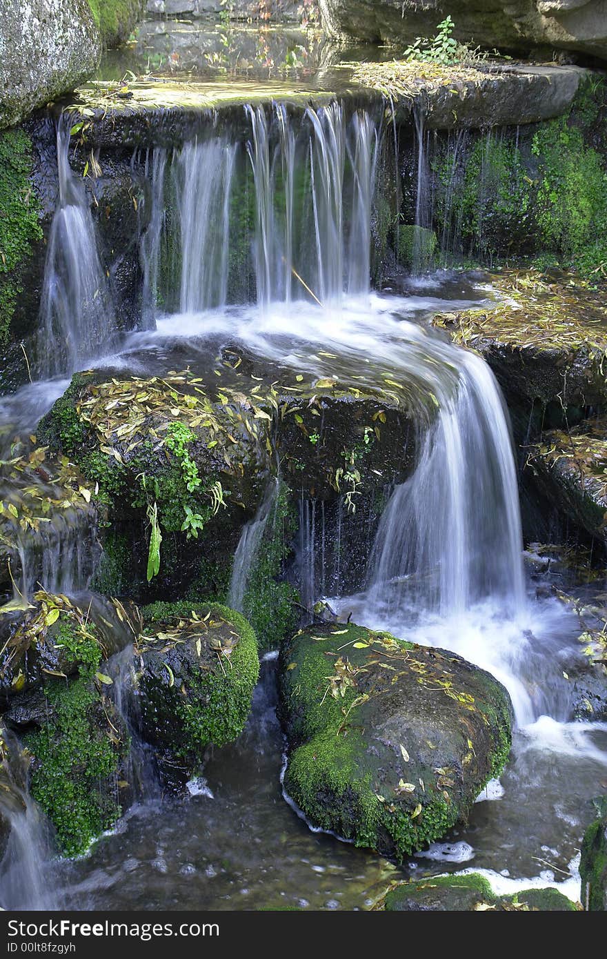 Waterfall  and leaves on stones