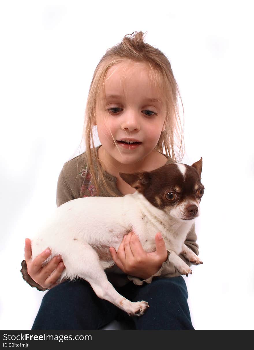 Portrait of very nice young girl and her dog on the white background. Portrait of very nice young girl and her dog on the white background